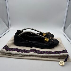 Tory Burch Black Leather Ballet‎ Flats Gold Logo Embellishment Women 10M